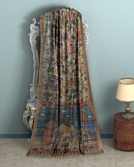 Terracotta Tussar Silk Pen Kalamkari Saree with Handpainted Mythological Art, Width 110 Cms, Origin: Sri Kalahasthi, India, 5.5 Mtrs with Blouse Piece-D22858