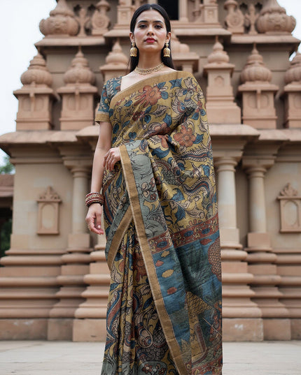 Terracotta Tussar Silk Pen Kalamkari Saree with Handpainted Mythological Art, Width 110 Cms, Origin: Sri Kalahasthi, India, 5.5 Mtrs with Blouse Piece-D22858