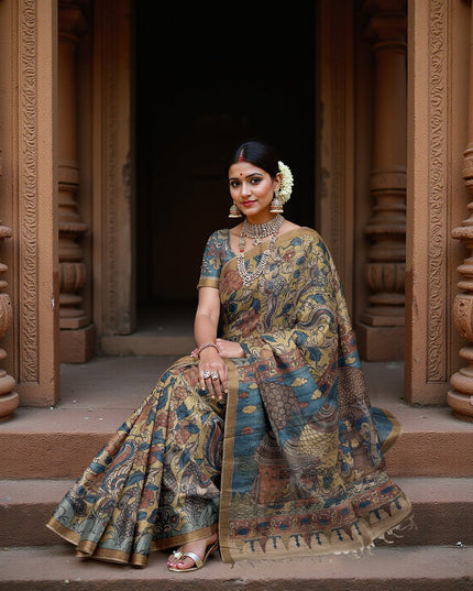 Terracotta Tussar Silk Pen Kalamkari Saree with Handpainted Mythological Art, Width 110 Cms, Origin: Sri Kalahasthi, India, 5.5 Mtrs with Blouse Piece-D22858