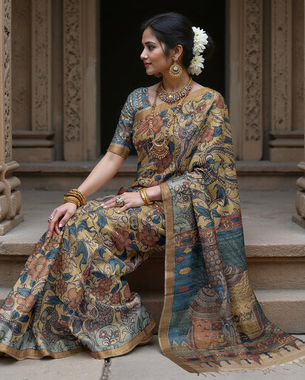 Terracotta Tussar Silk Pen Kalamkari Saree with Handpainted Mythological Art, Width 110 Cms, Origin: Sri Kalahasthi, India, 5.5 Mtrs with Blouse Piece-D22858