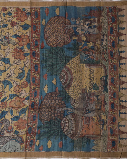 Terracotta Tussar Silk Pen Kalamkari Saree with Handpainted Mythological Art, Width 110 Cms, Origin: Sri Kalahasthi, India, 5.5 Mtrs with Blouse Piece-D22858