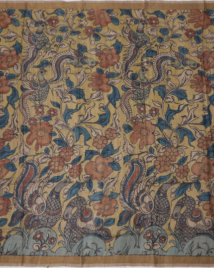 Terracotta Tussar Silk Pen Kalamkari Saree with Handpainted Mythological Art, Width 110 Cms, Origin: Sri Kalahasthi, India, 5.5 Mtrs with Blouse Piece-D22858