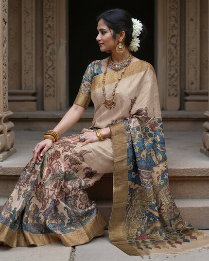 ساري كالامكاري حريري توسار بني موكا مع زخارف أسطورية مرسومة يدويًا، عرض 110 سم، أصله: سري كالاهاستي، الهند، طوله 5.5 متر مع قطعة بلوزة - D22859