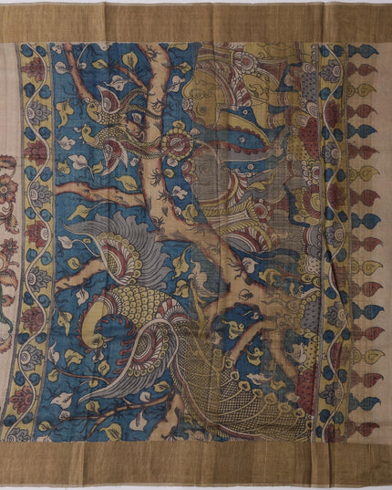 ساري كالامكاري حريري توسار بني موكا مع زخارف أسطورية مرسومة يدويًا، عرض 110 سم، أصله: سري كالاهاستي، الهند، طوله 5.5 متر مع قطعة بلوزة - D22859