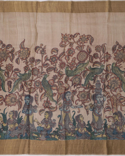 ساري كالامكاري حريري توسار بني موكا مع زخارف أسطورية مرسومة يدويًا، عرض 110 سم، أصله: سري كالاهاستي، الهند، طوله 5.5 متر مع قطعة بلوزة - D22859