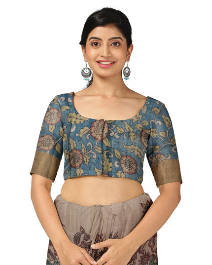 ساري كالامكاري حريري توسار بني موكا مع زخارف أسطورية مرسومة يدويًا، عرض 110 سم، أصله: سري كالاهاستي، الهند، طوله 5.5 متر مع قطعة بلوزة - D22859