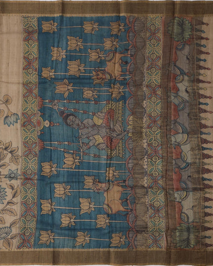 ساري كالامكاري من الحرير التوسار البني الباهت مع رسومات أسطورية مرسومة يدويًا، العرض 110 سم، المنشأ: سري كالاهاستي، الهند، الطول 5.5 متر مع قطعة بلوزة - D22860