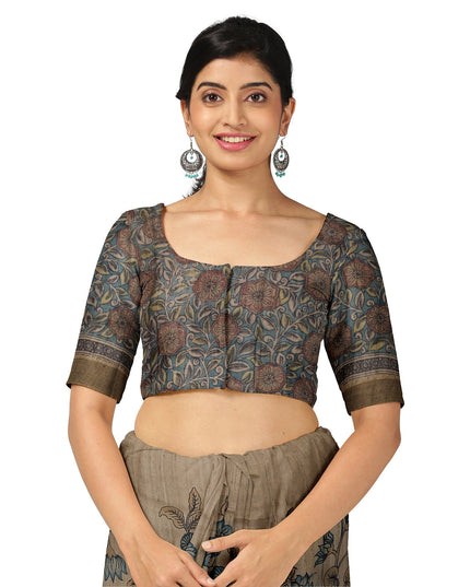 ساري كالامكاري من الحرير التوسار البني الباهت مع رسومات أسطورية مرسومة يدويًا، العرض 110 سم، المنشأ: سري كالاهاستي، الهند، الطول 5.5 متر مع قطعة بلوزة - D22860