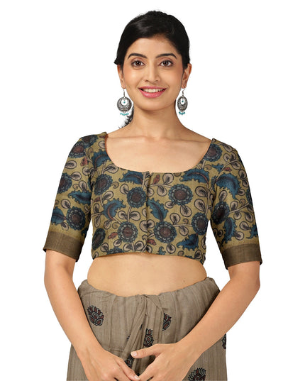 ساري كالامكاري من حرير توسار بني فاتح مزين برسومات أسطورية مرسومة يدويًا، عرض 110 سم، أصله: سري كالاهاستي، الهند، طوله 5.5 متر مع بلوزة - D22861