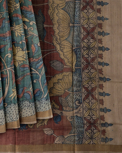 ساري كالامكاري من الحرير التوسار الأزرق الباهت مع رسومات أسطورية مرسومة يدويًا، عرض 110 سم، أصله: سري كالاهاستي، الهند، طوله 5.5 متر مع بلوزة - D22862