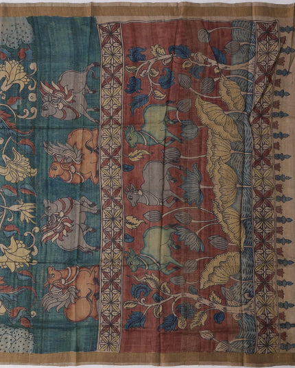 ساري كالامكاري من الحرير التوسار الأزرق الباهت مع رسومات أسطورية مرسومة يدويًا، عرض 110 سم، أصله: سري كالاهاستي، الهند، طوله 5.5 متر مع بلوزة - D22862