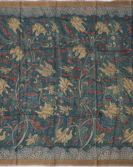 ساري كالامكاري من الحرير التوسار الأزرق الباهت مع رسومات أسطورية مرسومة يدويًا، عرض 110 سم، أصله: سري كالاهاستي، الهند، طوله 5.5 متر مع بلوزة - D22862