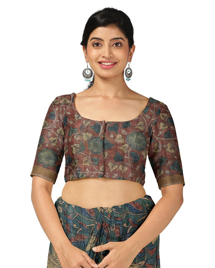 ساري كالامكاري من الحرير التوسار الأزرق الباهت مع رسومات أسطورية مرسومة يدويًا، عرض 110 سم، أصله: سري كالاهاستي، الهند، طوله 5.5 متر مع بلوزة - D22862