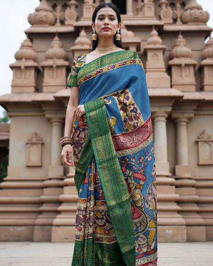 ساري كالامكاري أزرق ملكي شبه حريري، مزين بزخارف أسطورية مرسومة يدويًا، عرض 110 سم، أصله: سري كالاهاستي، الهند، طوله 5.5 متر مع بلوزة - D22863