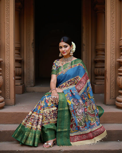 ساري كالامكاري أزرق ملكي شبه حريري، مزين بزخارف أسطورية مرسومة يدويًا، عرض 110 سم، أصله: سري كالاهاستي، الهند، طوله 5.5 متر مع بلوزة - D22863