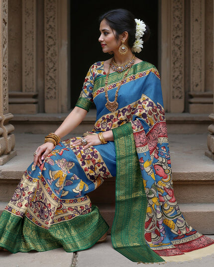 ساري كالامكاري أزرق ملكي شبه حريري، مزين بزخارف أسطورية مرسومة يدويًا، عرض 110 سم، أصله: سري كالاهاستي، الهند، طوله 5.5 متر مع بلوزة - D22863