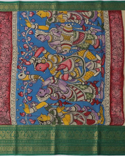 ساري كالامكاري أزرق ملكي شبه حريري، مزين بزخارف أسطورية مرسومة يدويًا، عرض 110 سم، أصله: سري كالاهاستي، الهند، طوله 5.5 متر مع بلوزة - D22863