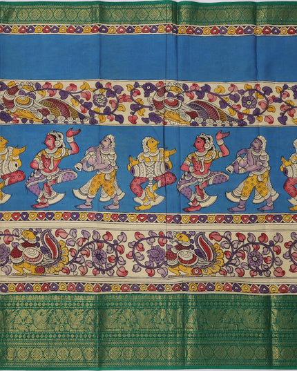 ساري كالامكاري أزرق ملكي شبه حريري، مزين بزخارف أسطورية مرسومة يدويًا، عرض 110 سم، أصله: سري كالاهاستي، الهند، طوله 5.5 متر مع بلوزة - D22863