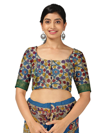 ساري كالامكاري أزرق ملكي شبه حريري، مزين بزخارف أسطورية مرسومة يدويًا، عرض 110 سم، أصله: سري كالاهاستي، الهند، طوله 5.5 متر مع بلوزة - D22863