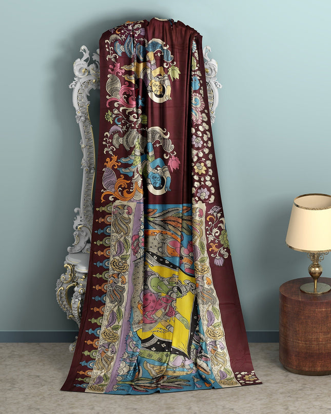 ساري كالامكاري حرير مانجالاجيري عنابي اللون بزخارف أسطورية مرسومة يدويًا، عرض 110 سم، أصله: سري كالاهاستي، الهند، طوله 5.5 متر مع بلوزة - D22865