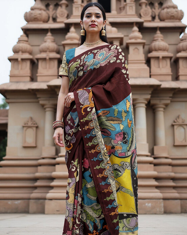 ساري كالامكاري حرير مانجالاجيري عنابي اللون بزخارف أسطورية مرسومة يدويًا، عرض 110 سم، أصله: سري كالاهاستي، الهند، طوله 5.5 متر مع بلوزة - D22865