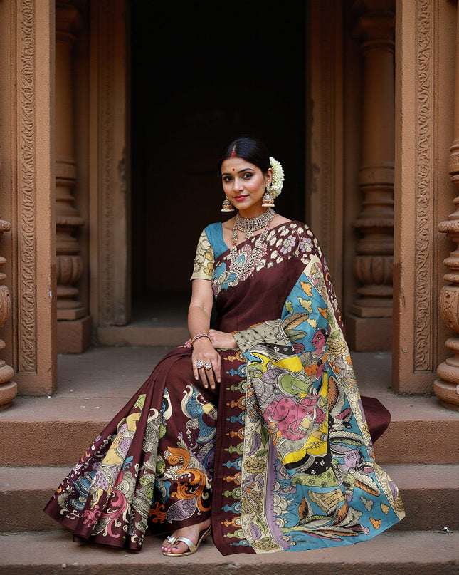 ساري كالامكاري حرير مانجالاجيري عنابي اللون بزخارف أسطورية مرسومة يدويًا، عرض 110 سم، أصله: سري كالاهاستي، الهند، طوله 5.5 متر مع بلوزة - D22865