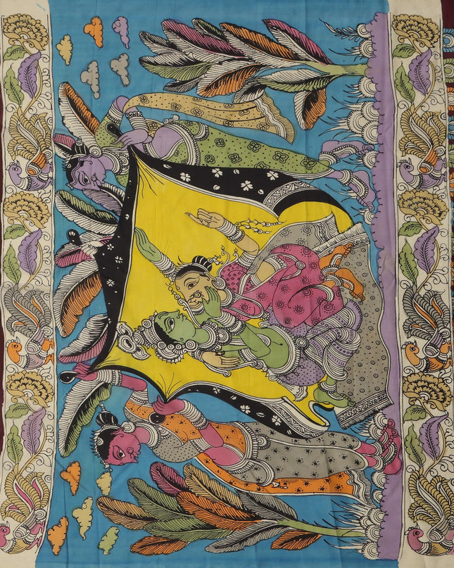 ساري كالامكاري حرير مانجالاجيري عنابي اللون بزخارف أسطورية مرسومة يدويًا، عرض 110 سم، أصله: سري كالاهاستي، الهند، طوله 5.5 متر مع بلوزة - D22865