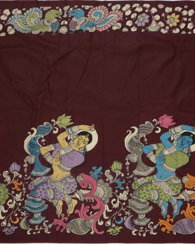 ساري كالامكاري حرير مانجالاجيري عنابي اللون بزخارف أسطورية مرسومة يدويًا، عرض 110 سم، أصله: سري كالاهاستي، الهند، طوله 5.5 متر مع بلوزة - D22865