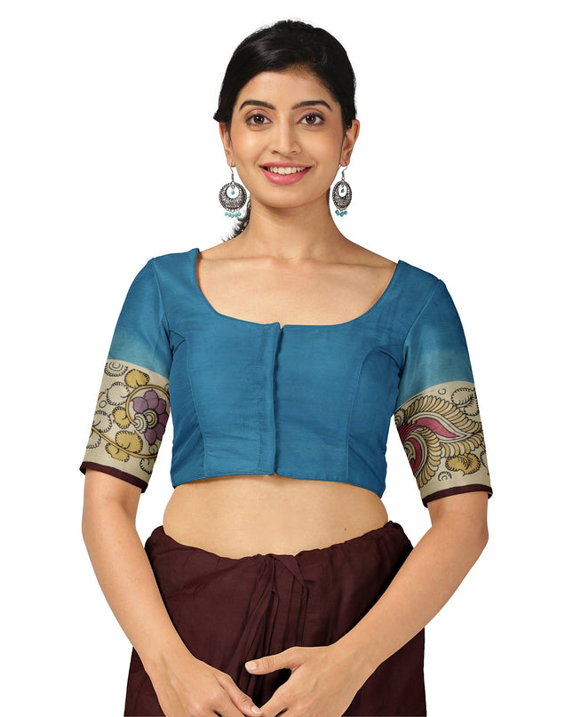 ساري كالامكاري حرير مانجالاجيري عنابي اللون بزخارف أسطورية مرسومة يدويًا، عرض 110 سم، أصله: سري كالاهاستي، الهند، طوله 5.5 متر مع بلوزة - D22865