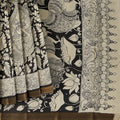 Cream and Black Bangalore Silk Pen Kalamkari Saree with Handpainted Mythological Motifs, Width 110 Cms, Origin: Sri Kalahasthi, India, 5.5 Mtrs with Blouse Piece-D22866