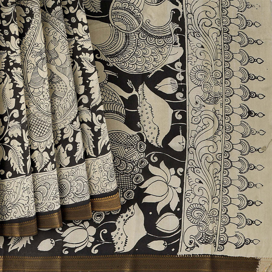 Cream and Black Bangalore Silk Pen Kalamkari Saree with Handpainted Mythological Motifs, Width 110 Cms, Origin: Sri Kalahasthi, India, 5.5 Mtrs with Blouse Piece-D22866