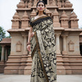 Cream and Black Bangalore Silk Pen Kalamkari Saree with Handpainted Mythological Motifs, Width 110 Cms, Origin: Sri Kalahasthi, India, 5.5 Mtrs with Blouse Piece-D22866