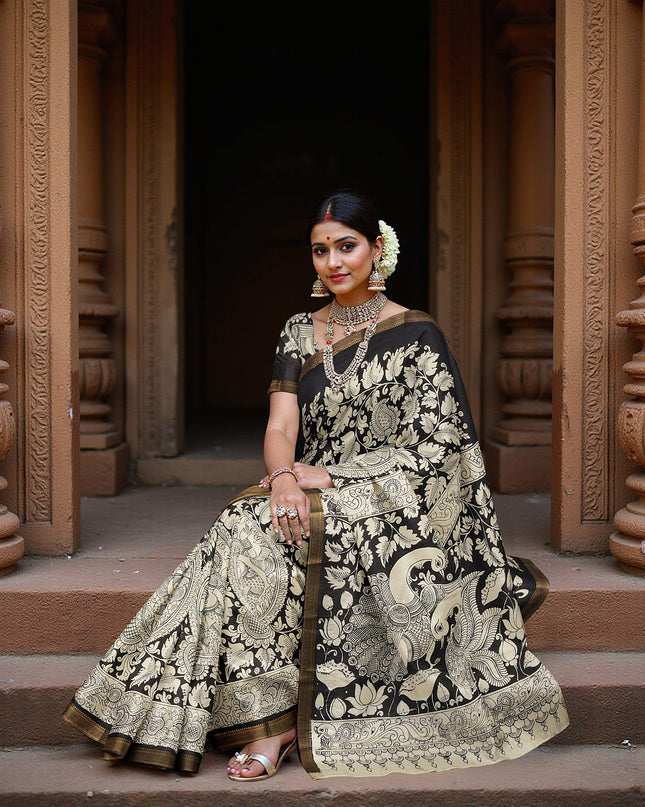 ساري كالامكاري حريري من بنغالور باللونين الكريمي والأسود، مزين بزخارف أسطورية مرسومة يدويًا، عرض 110 سم، أصله: سري كالاهاستي، الهند، طوله 5.5 متر مع بلوزة - D22866