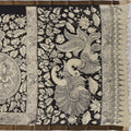 Cream and Black Bangalore Silk Pen Kalamkari Saree with Handpainted Mythological Motifs, Width 110 Cms, Origin: Sri Kalahasthi, India, 5.5 Mtrs with Blouse Piece-D22866
