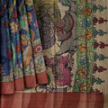 Blue Tussar Silk Pen Kalamkari Saree with Handpainted Mythological Illustrations, Width 110 Cms, Origin: Sri Kalahasthi, India, 5.5 Mtrs with Blouse Piece-D22867