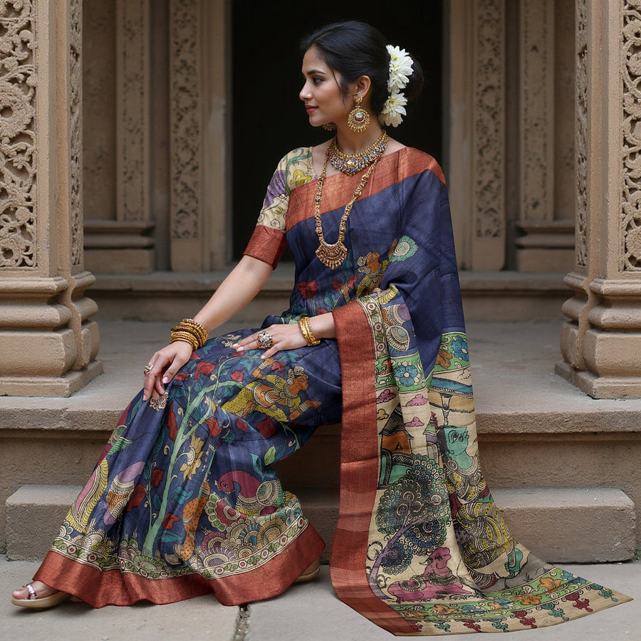 Blue Tussar Silk Pen Kalamkari Saree with Handpainted Mythological Illustrations, Width 110 Cms, Origin: Sri Kalahasthi, India, 5.5 Mtrs with Blouse Piece-D22867