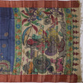 Blue Tussar Silk Pen Kalamkari Saree with Handpainted Mythological Illustrations, Width 110 Cms, Origin: Sri Kalahasthi, India, 5.5 Mtrs with Blouse Piece-D22867