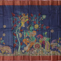 Blue Tussar Silk Pen Kalamkari Saree with Handpainted Mythological Illustrations, Width 110 Cms, Origin: Sri Kalahasthi, India, 5.5 Mtrs with Blouse Piece-D22867