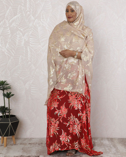 Blush & Gold Foliage Silk Chiffon Garbasaar Fabric, 110 cm Wide – South Korean Tailored Elegance-Piece of 2.0 Mtrs-D18666