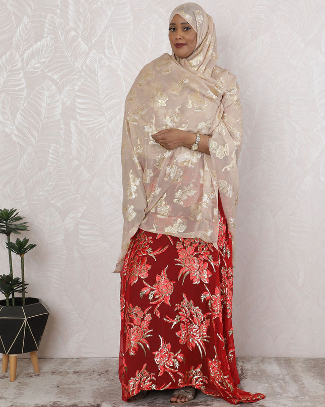 Blush & Gold Foliage Silk Chiffon Garbasaar Fabric, 110 cm Wide – South Korean Tailored Elegance-Piece of 2.0 Mtrs-D18666