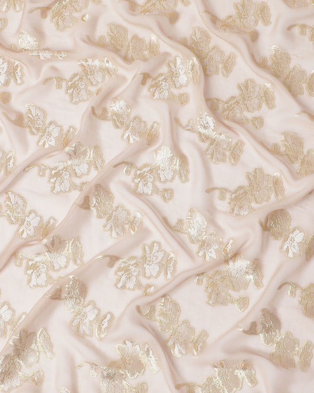 Blush & Gold Foliage Silk Chiffon Garbasaar Fabric, 110 cm Wide – South Korean Tailored Elegance-Piece of 2.0 Mtrs-D18666