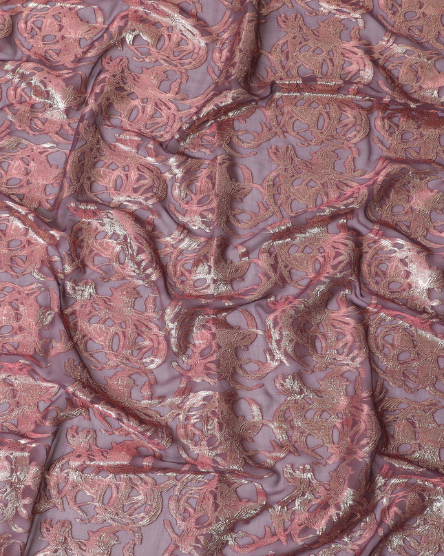 Mauve Majesty Embroidered Silk Chiffon Garbasaar Fabric, 110 cm Wide – South Korean Textile Splendor- Piece of 2.0 Mtrs-D18668