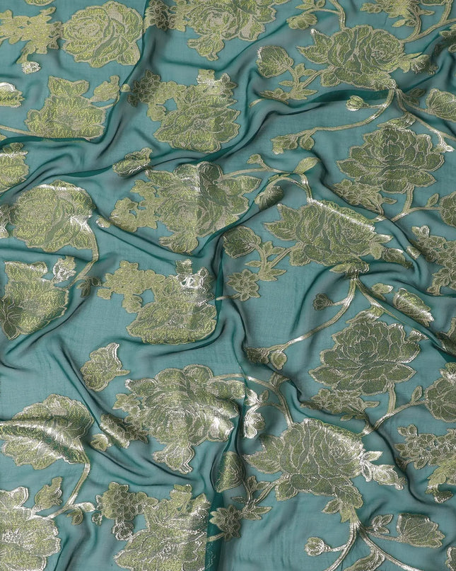 Emerald Grandeur Embroidered Silk Chiffon Garbasaar Fabric, 110 cm Wide – Exquisite South Korean Craftsmanship- Piece of 2.0 Mtrs-D18669 Regal Fabrics