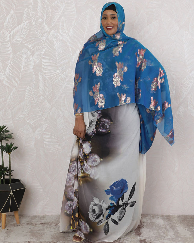 Sapphire Splendor Embroidered Silk Chiffon Garbasaar Fabric, 110 cm Wide – Korean Textile Elegance- Piece of 2.0 Mtrs-D18671