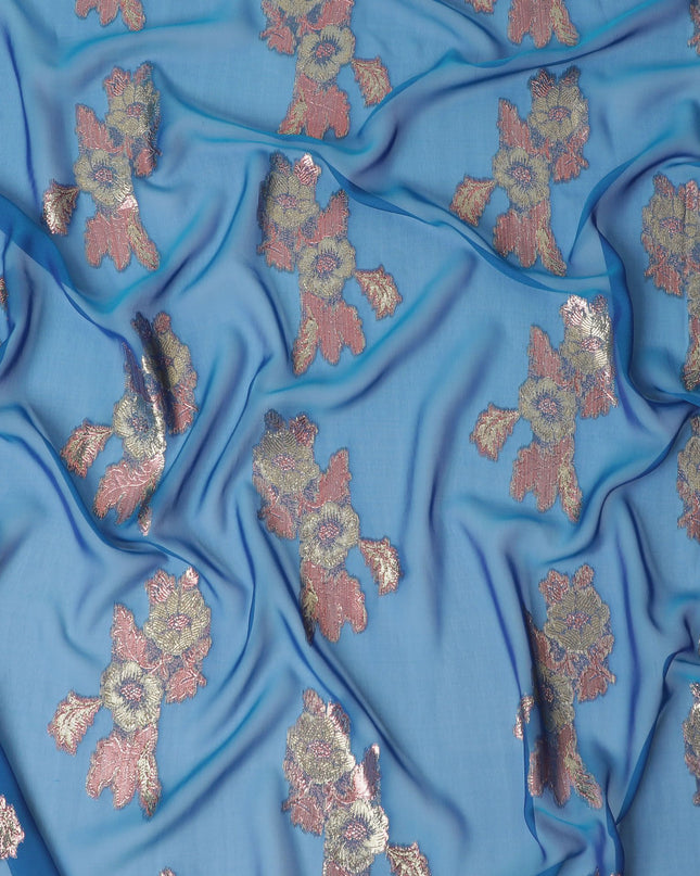 Sapphire Splendor Embroidered Silk Chiffon Garbasaar Fabric, 110 cm Wide – Korean Textile Elegance- Piece of 2.0 Mtrs-D18671