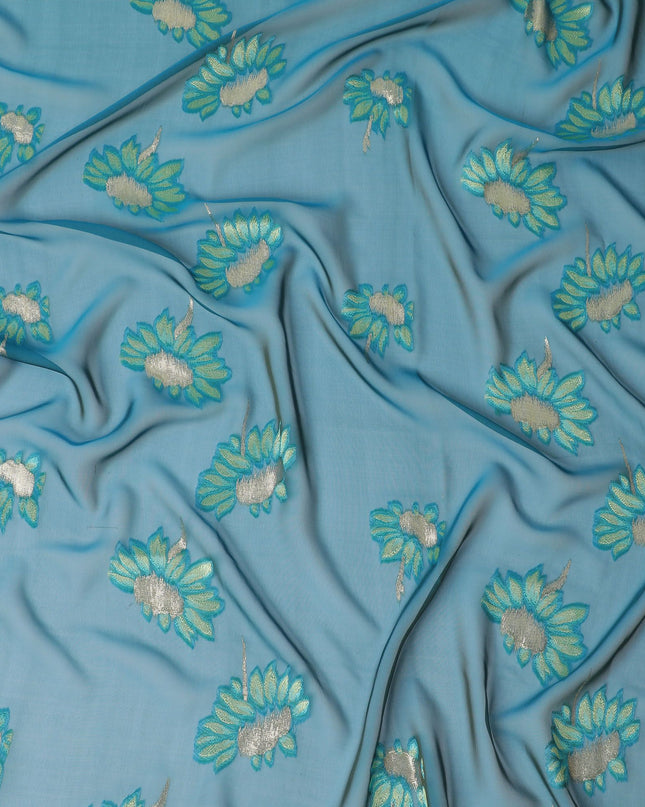 Azure Floral Glisten Silk Chiffon Garbasaar Fabric, 110 cm Wide – South Korean Luxury Weave- Piece of 2.0 Mtrs-D18673