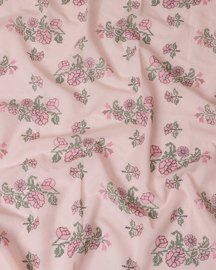 Blush Blossom Embroidered Cotton Lawn Fabric - Pastel Pink with Green Detail, 110cm Width-D18751