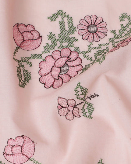 Blush Blossom Embroidered Cotton Lawn Fabric - Pastel Pink with Green Detail, 110cm Width-D18751