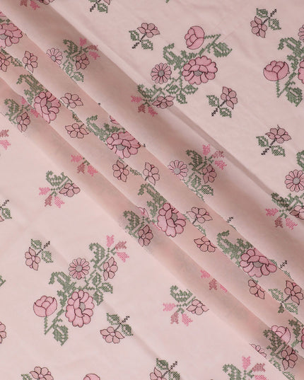 Blush Blossom Embroidered Cotton Lawn Fabric - Pastel Pink with Green Detail, 110cm Width-D18751