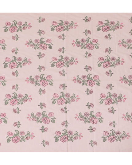 Blush Blossom Embroidered Cotton Lawn Fabric - Pastel Pink with Green Detail, 110cm Width-D18751